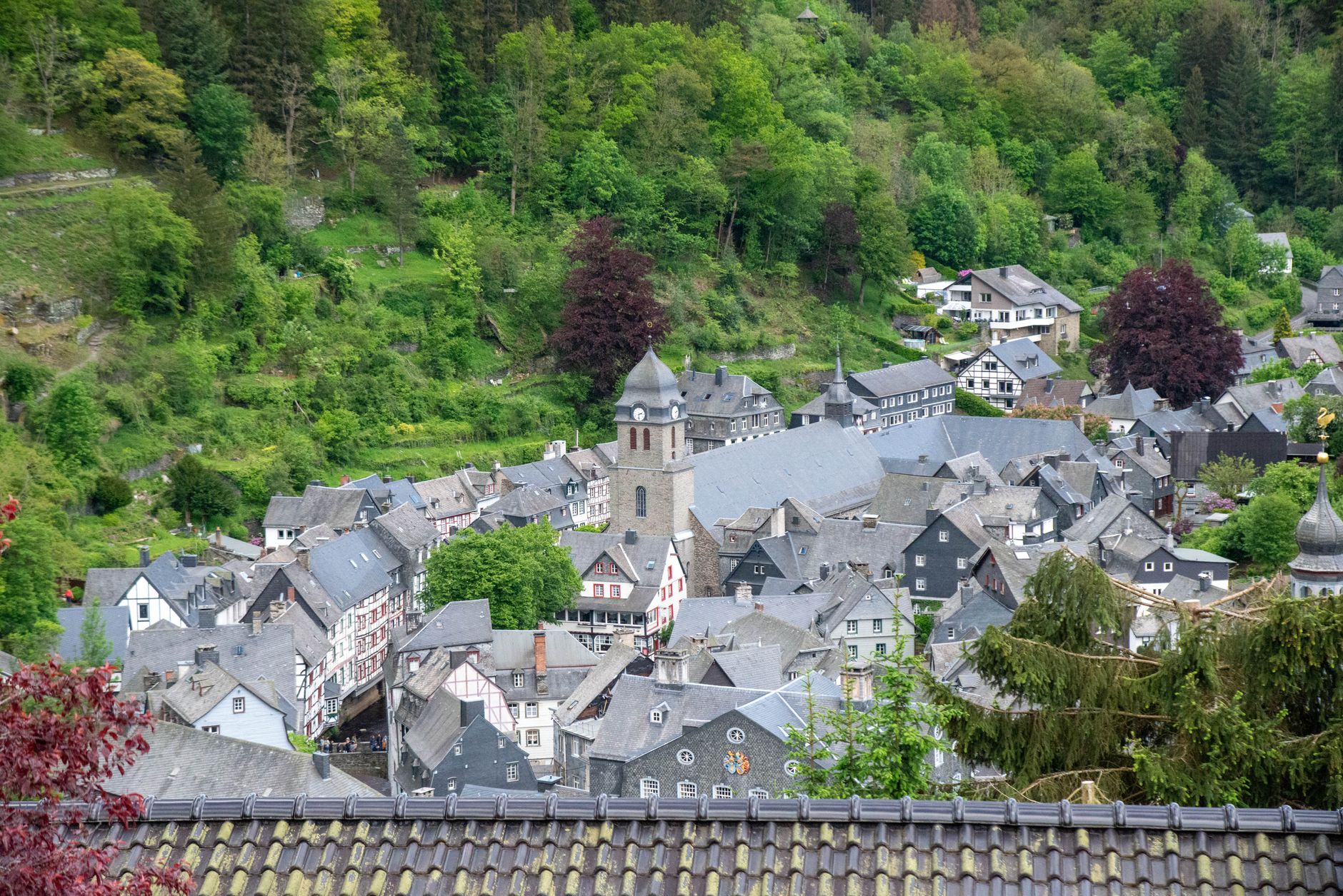 Ausflugsziele in der Eifel – Blick über die Fachwerkstadt Monschau im bewaldeten Rurtal